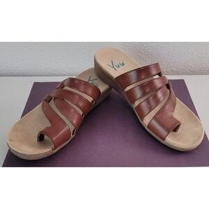 YIU Women's Brown Leather Strappy Thong Sandals Size 6.5